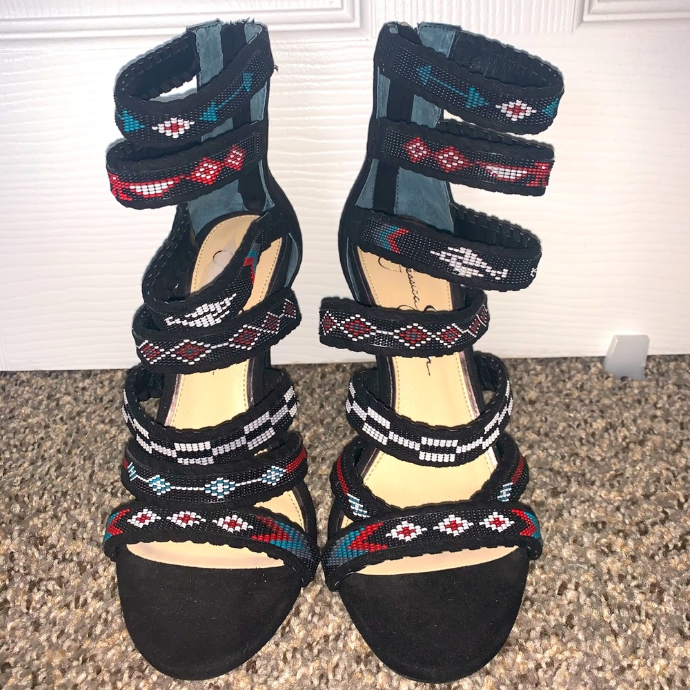 Jessica Simpson Black Aztec beaded strappy pumps
